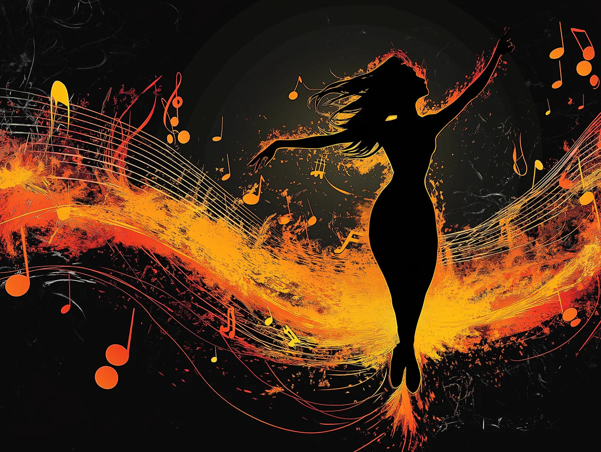 Fiery Dancer Music Waves Mural Wallpaper — Bold Contemporary Art Mural Wallpaper - room preview 02