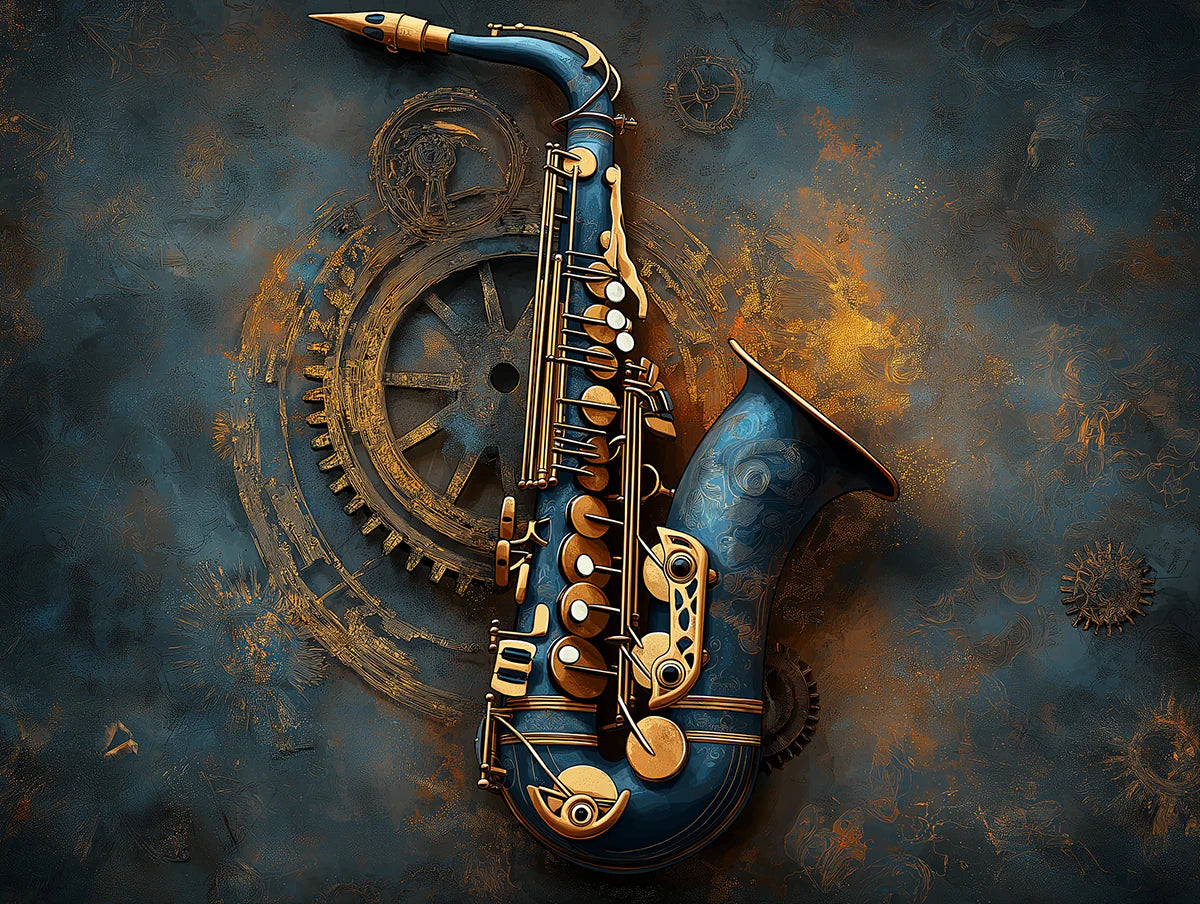 Steampunk Saxophone Mural Wallpaper — Industrial Musical Art Mural Wallpaper - room preview 02