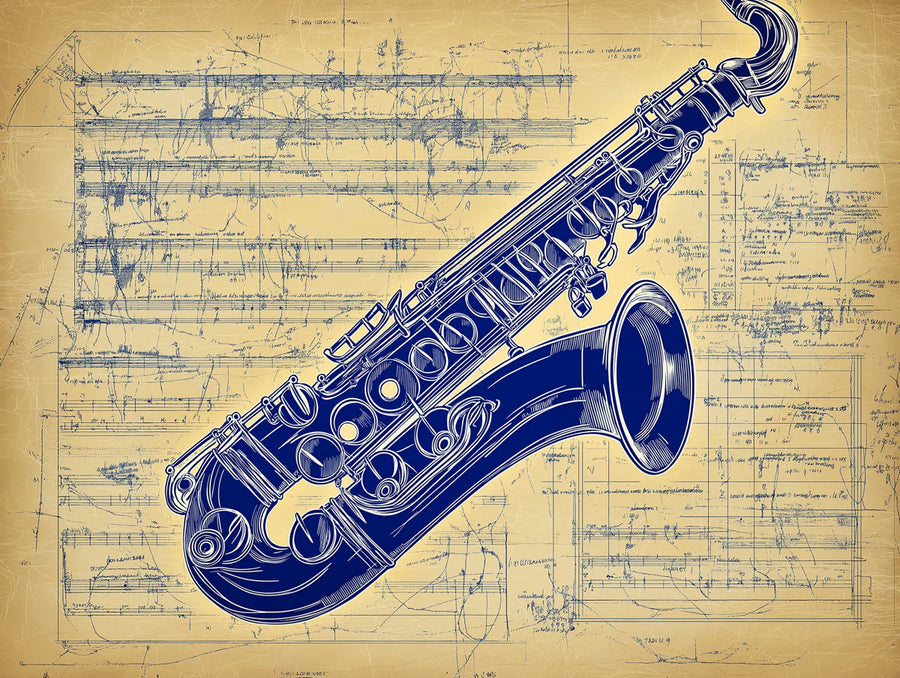 Vintage Wallpaper Mural – Retro Wall Mural – Vintage Saxophone Blueprint — Musical Art printable artwork