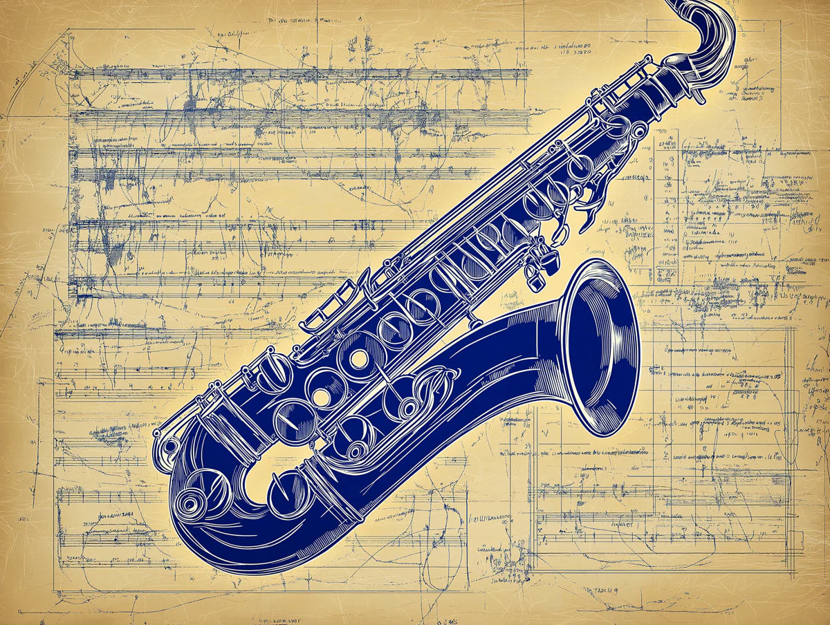Vintage Saxophone Blueprint Mural Wallpaper — Musical Art Mural Wallpaper - room preview 02