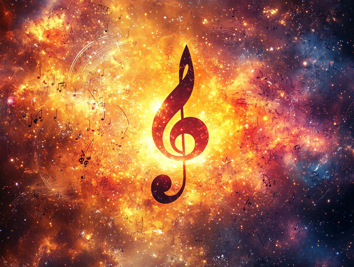 Fiery Treble Clef Mural Wallpaper — Cosmic Musical Design Mural Wallpaper - room preview 02