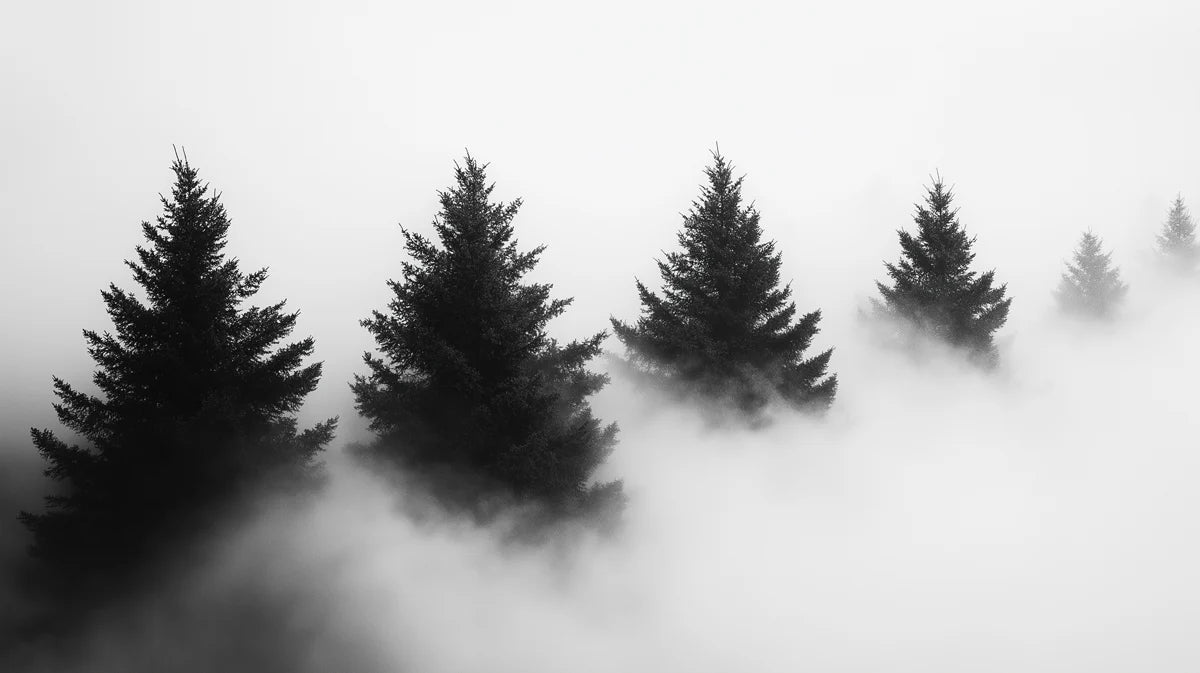 Mist-Covered Pine Forest Mural Wallpaper — Minimalist Monochrome Mural Wallpaper - room preview 02