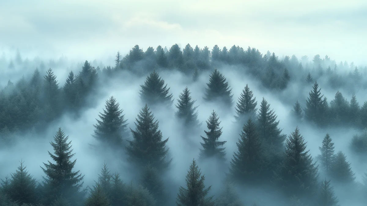 Mist-Covered Pine Forest Mural Wallpaper — Moody Nature Design Mural Wallpaper - room preview 02