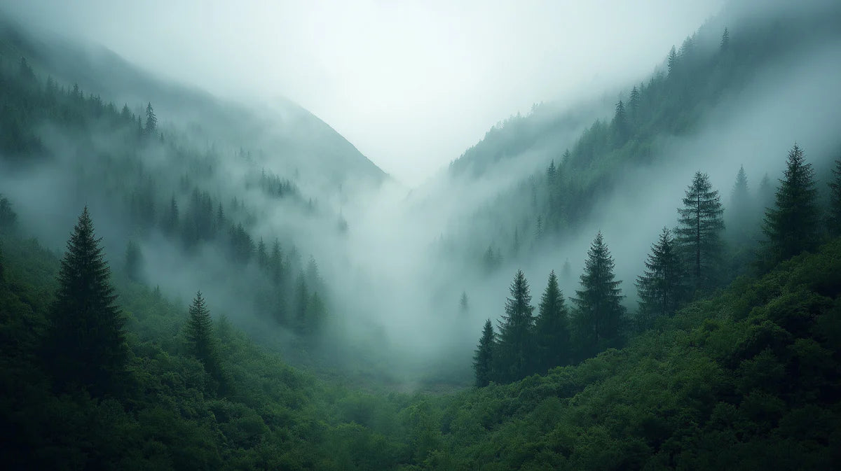 Misty Mountain Valley Mural Wallpaper — Ethereal Forest Landscape Mural Wallpaper - room preview 02