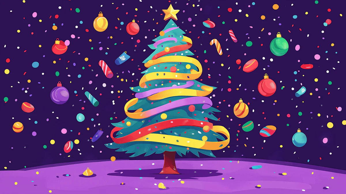 Festive Holiday Tree Mural Wallpaper in Purple and Vibrant Gold Mural Wallpaper - room preview 02