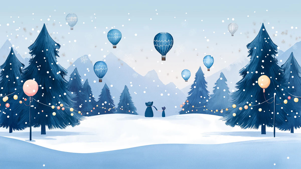 Winter Balloon Voyage Mural Wallpaper — Whimsical Snowy Scene Mural Wallpaper - room preview 02