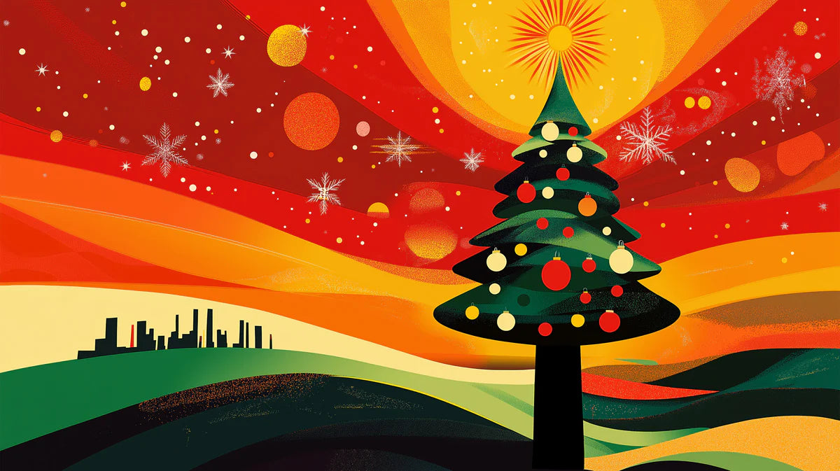 Stylized Holiday City Mural Wallpaper — Vibrant Festive Pattern Mural Wallpaper - room preview 02