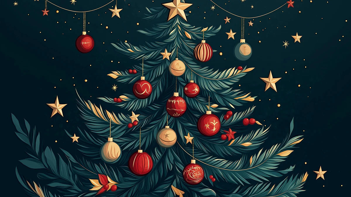Festive Evergreen Mural Wallpaper — Deep Teal and Holiday Red Mural Wallpaper - room preview 02