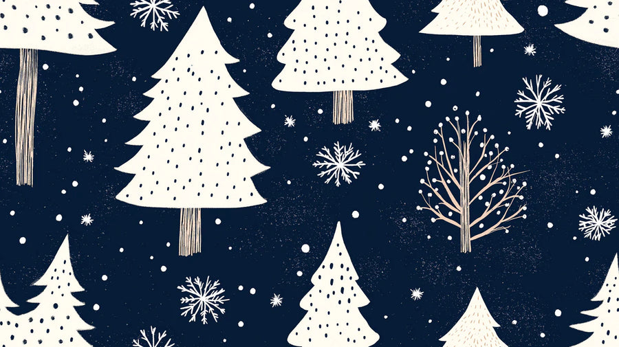 Papier peint mural Forêt d'hiver nordique — Papier peint mural bleu marine et blanc dessiné à la main printable artwork