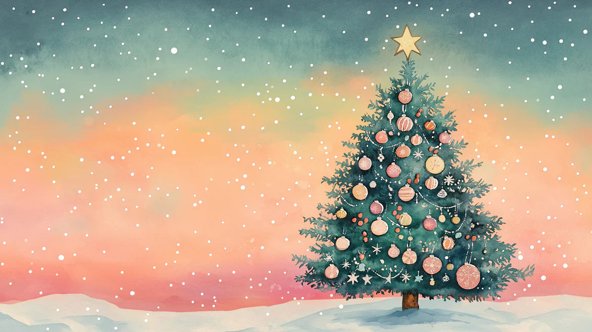 Watercolor Winter Tree Mural Wallpaper — Pastel Holiday Horizon Mural Wallpaper - room preview 02