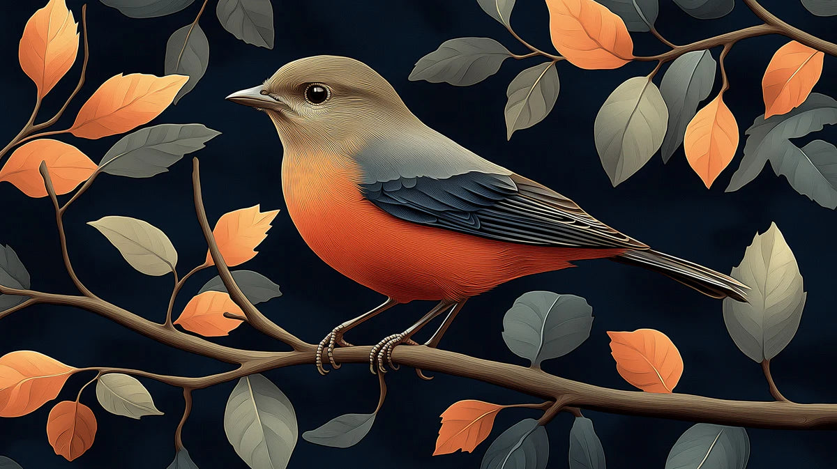 Autumn Finch Mural Wallpaper — Moody Navy and Terracotta Mural Wallpaper - room preview 02