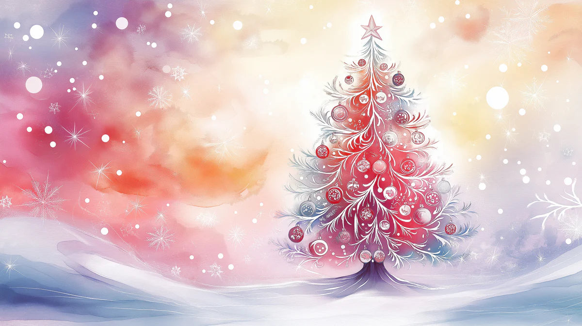 Fantasy Christmas Tree Mural Wallpaper with Watercolor Clouds Mural Wallpaper - room preview 02