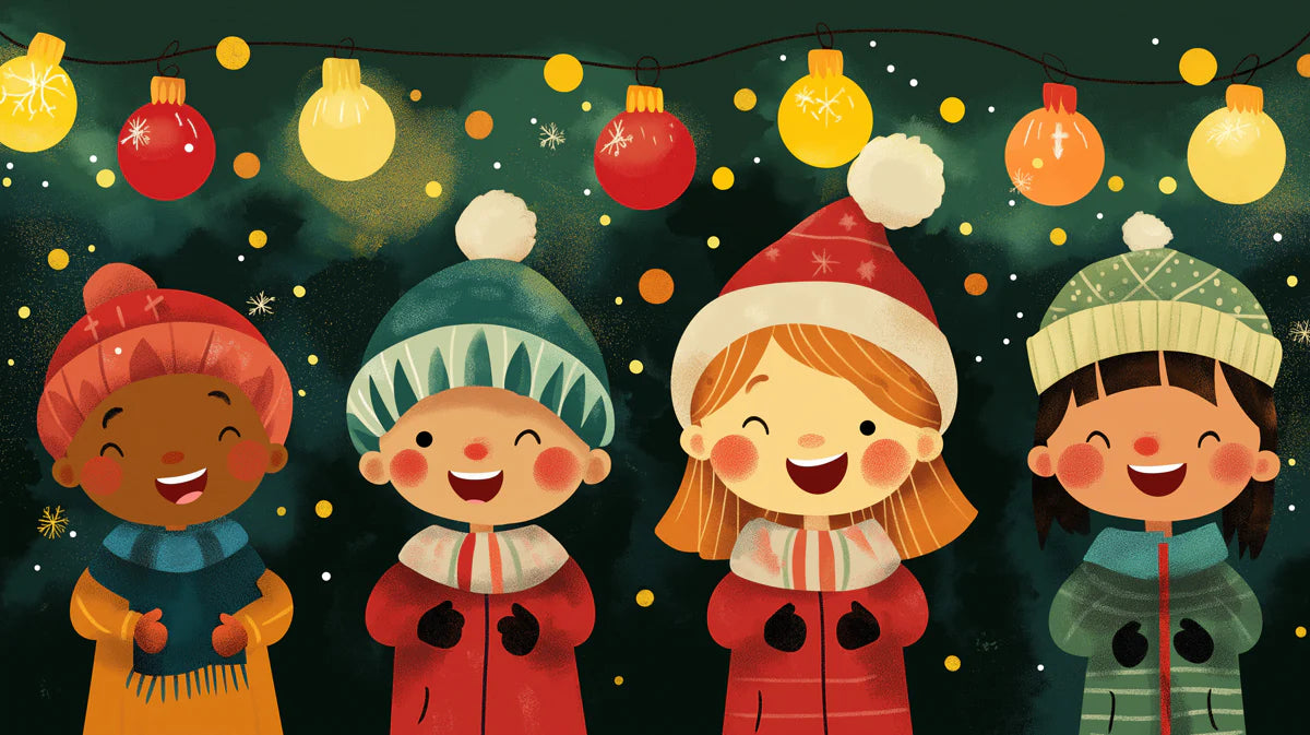 Holiday Carolers Mural Wallpaper — Whimsical Winter Scene Mural Wallpaper - room preview 02