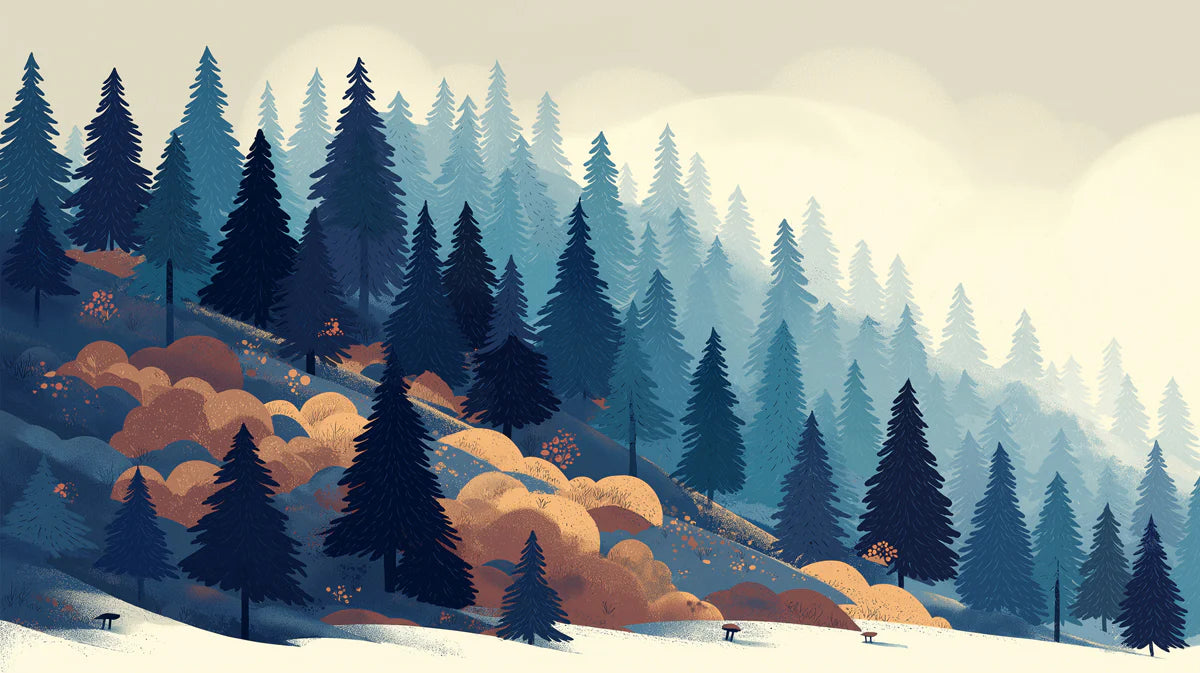 Winter Forest Pine Mural Wallpaper — Modern Blue and Ochre Landscape Mural Wallpaper - room preview 02