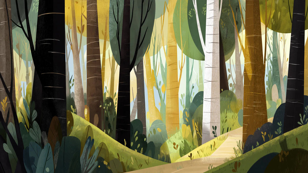 Storybook Woodland Mural Wallpaper in Olive and Ochre Mural Wallpaper - room preview 02