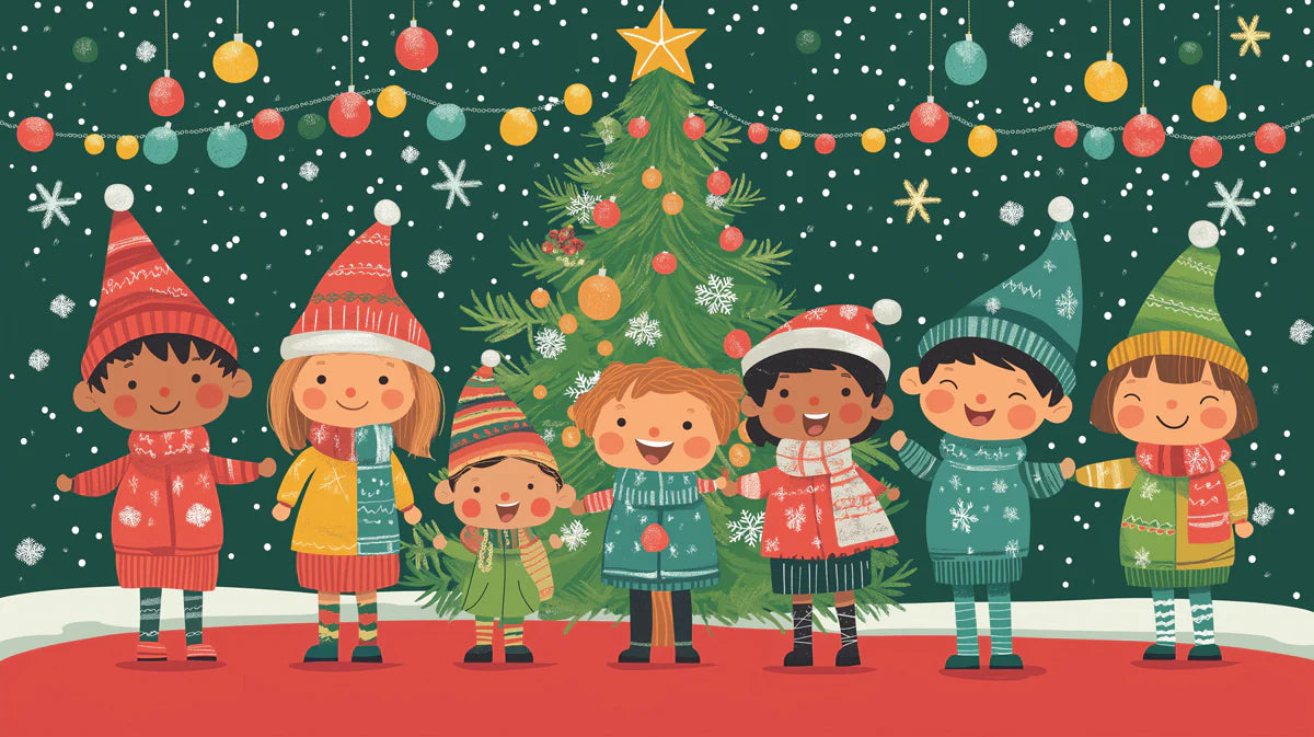 Festive Winter Joy Mural Wallpaper — Colorful Holiday Scene Mural Wallpaper - room preview 02