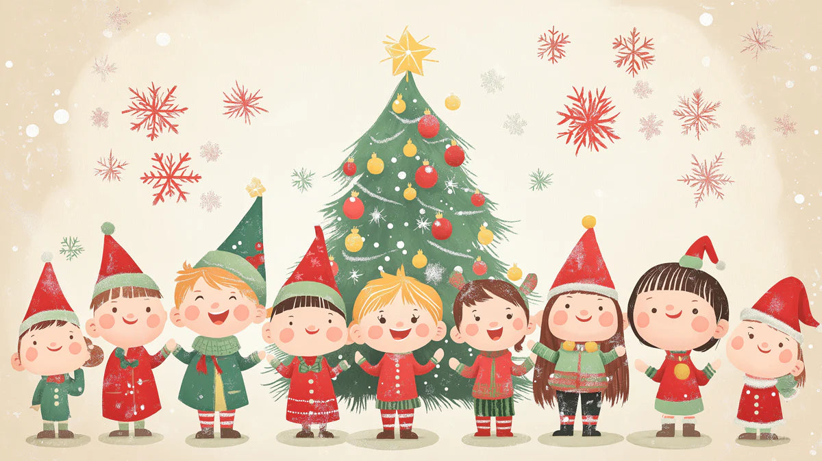 Holiday Friends Festive Mural Wallpaper — Whimsical Kids Pattern Mural Wallpaper - room preview 02