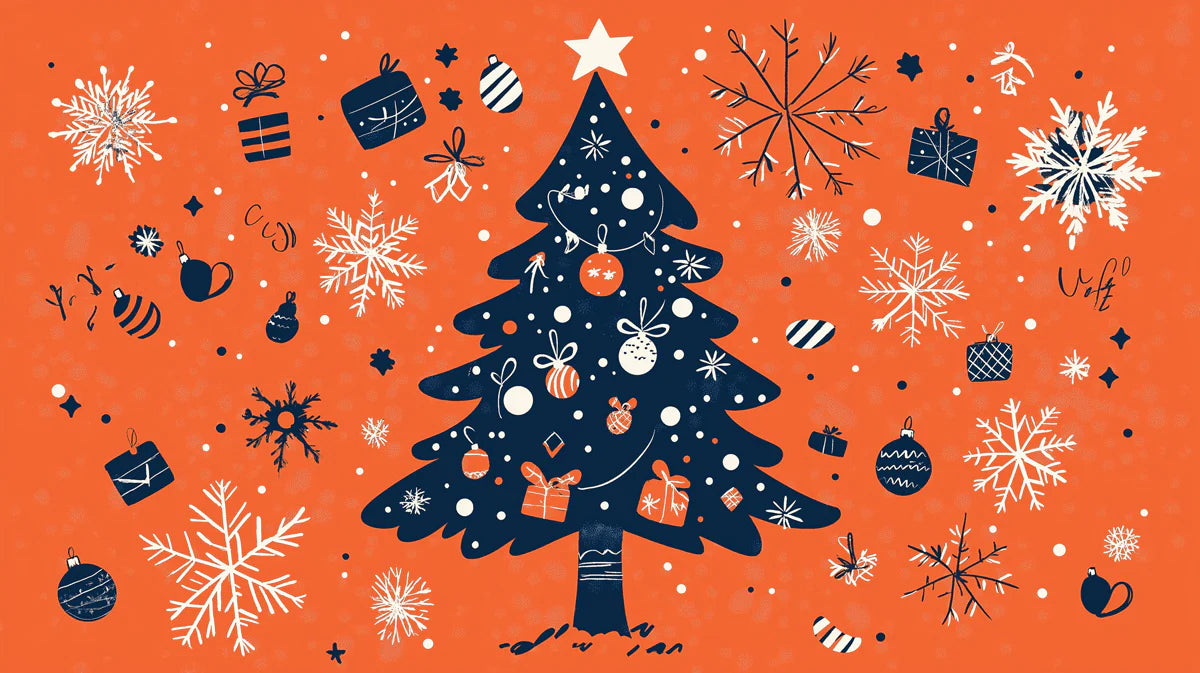 Graphic Holiday Tree Mural Wallpaper — Vibrant Orange and Navy Mural Wallpaper - room preview 02