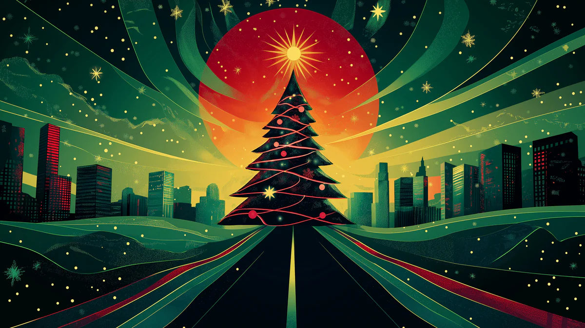 Holiday City Road Mural Wallpaper — Festive Skyline Design Mural Wallpaper - room preview 02