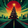 Holiday City Road Mural Wallpaper — Festive Skyline Design Mural Wallpaper - room preview 02