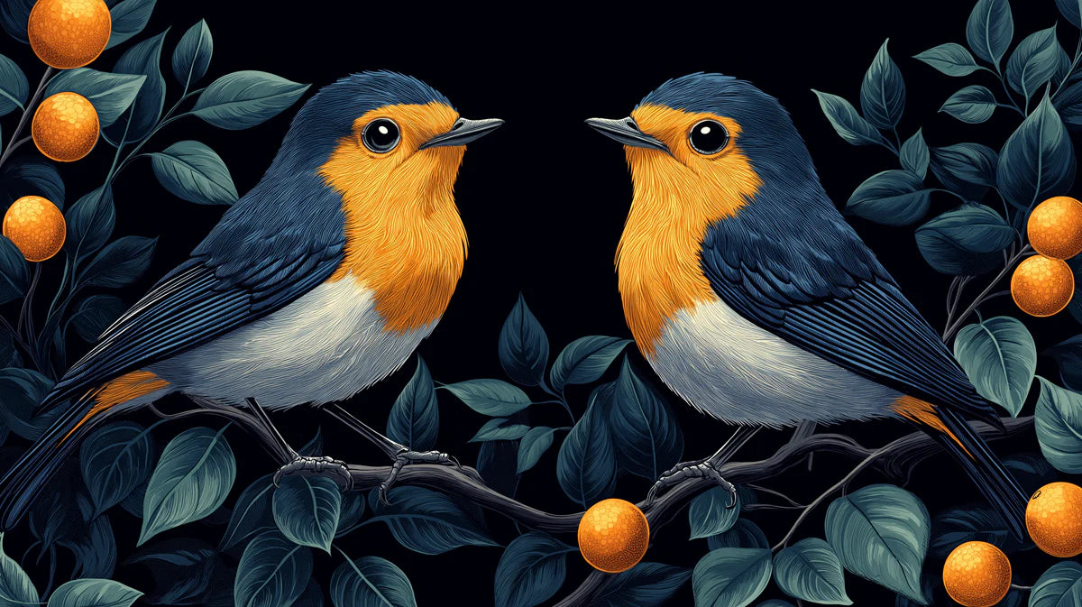 Midnight Songbird Mural Wallpaper — Bold Botanical Art Mural Wallpaper - room preview 02
