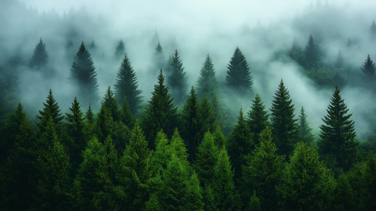 Mist-Covered Pine Forest Mural Wallpaper in Deep Green Mural Wallpaper - room preview 02