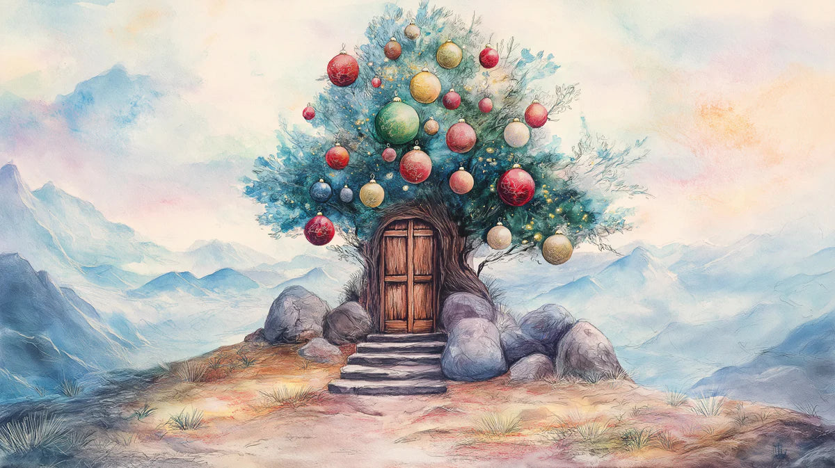 Fantasy Hilltop Tree Mural Wallpaper — Whimsical Holiday Scene Mural Wallpaper - room preview 02