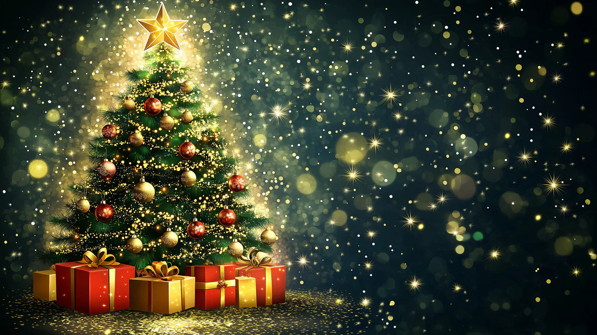 Glistening Christmas Tree Mural Wallpaper with Golden Bokeh Mural Wallpaper - room preview 02