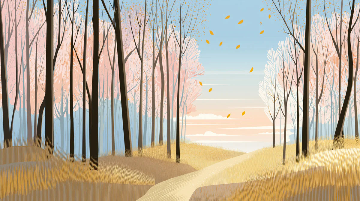 Autumn Woodland Path Mural Wallpaper — Soft Seasonal Grove Mural Wallpaper - room preview 02