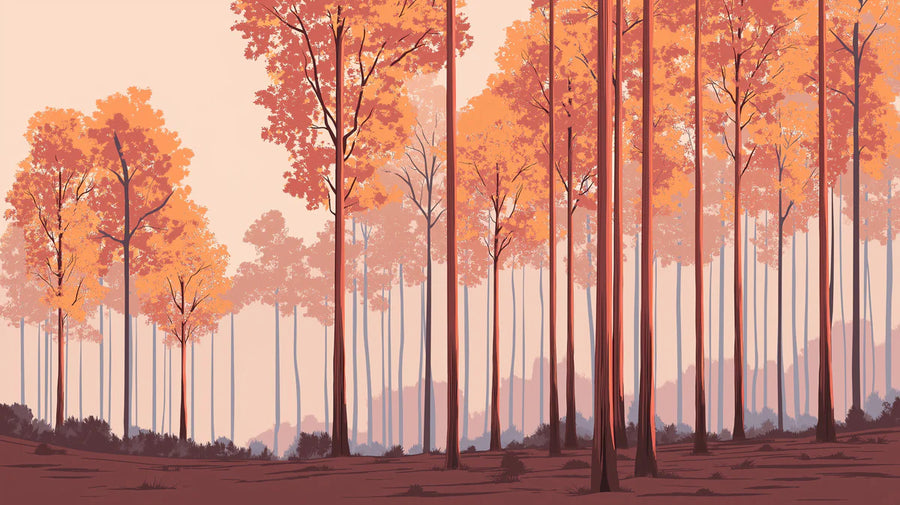 Forest Wallpaper Mural – Woodland Wall Mural – Autumn Woodland — Warm Clay and Golden Forest printable artwork