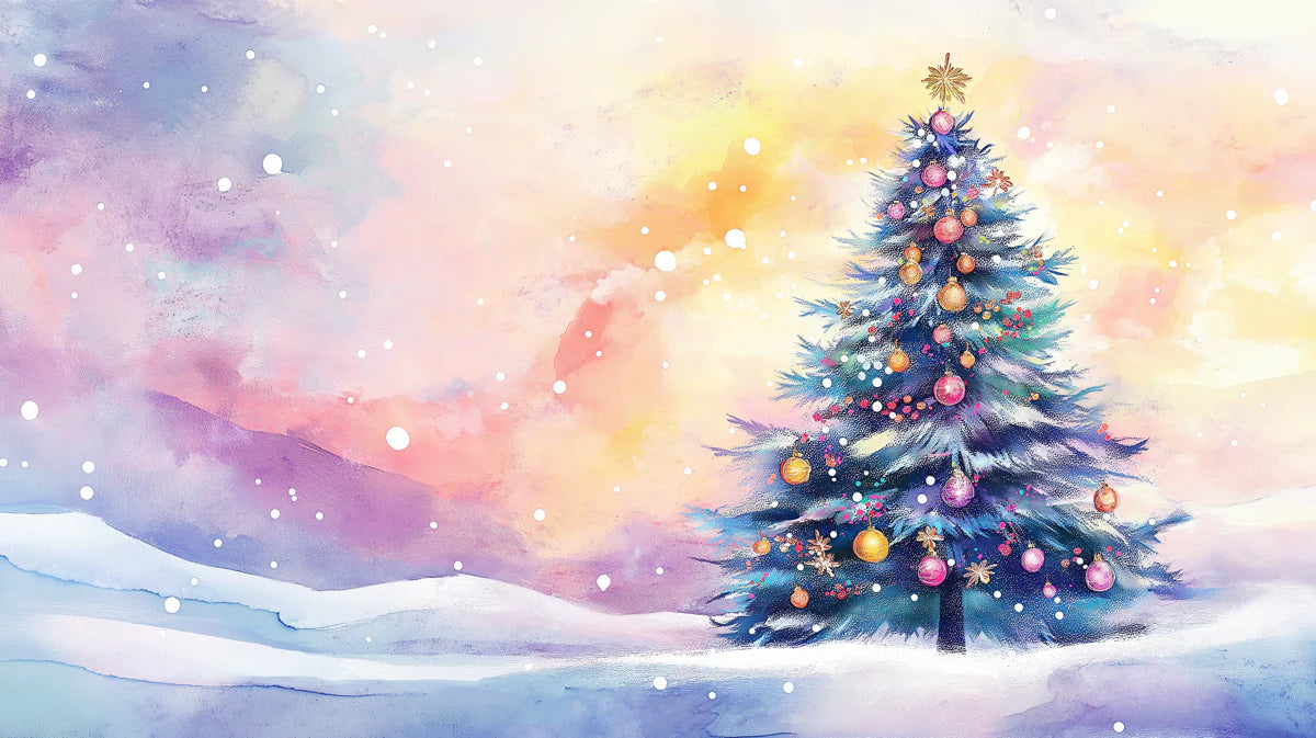 Holiday Sunrise Watercolor Mural Wallpaper — Whimsical Festive Scene Mural Wallpaper - room preview 02