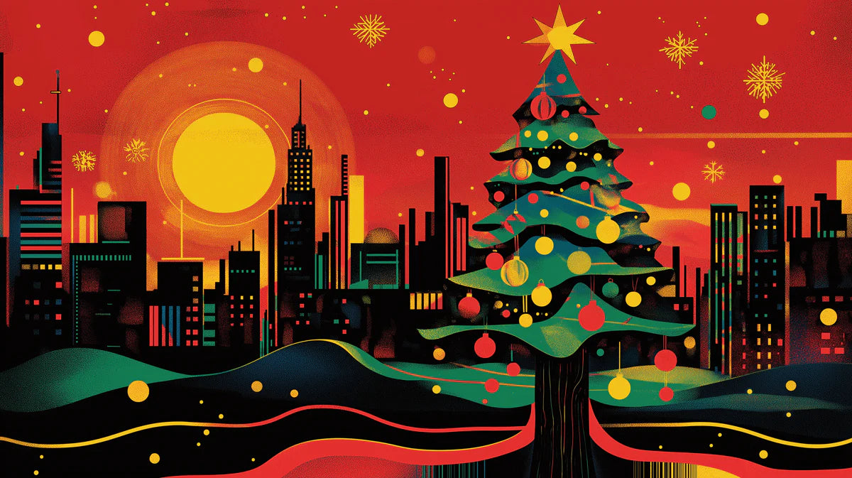 Urban Holiday Skyline Mural Wallpaper — Festive City Night Scene Mural Wallpaper - room preview 02
