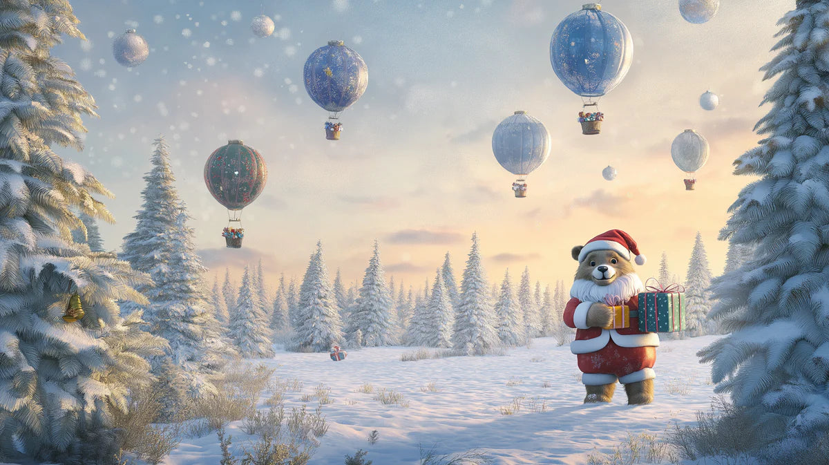 Santa Bear and Hot Air Balloons Winter Mural Wallpaper - room preview 02