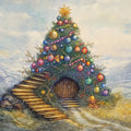 Holiday Hill Home Mural Wallpaper — Whimsical Fantasy Illustration Mural Wallpaper - room preview 02