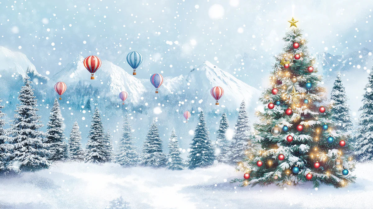 Snowy Alpine Christmas Tree Mural Wallpaper with Hot Air Balloons Mural Wallpaper - room preview 02