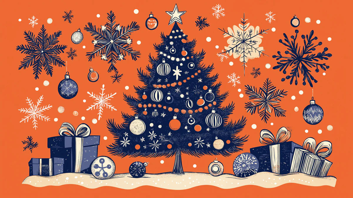 Linocut Christmas Tree Mural Wallpaper — Navy and Vibrant Orange Mural Wallpaper - room preview 02
