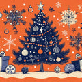 Linocut Christmas Tree Mural Wallpaper — Navy and Vibrant Orange Mural Wallpaper - room preview 02