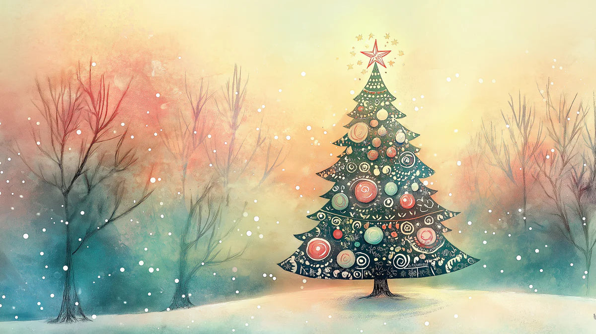 Watercolor Winter Landscape Mural Wallpaper with Christmas Tree Mural Wallpaper - room preview 02