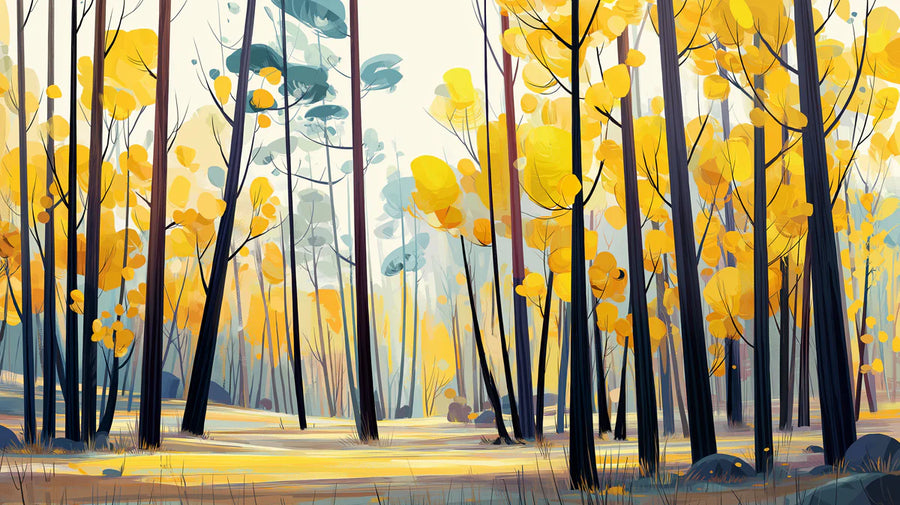 Forest Wallpaper Mural – Woodland Wall Mural – Golden Autumn Forest — Modern Graphic Art printable artwork