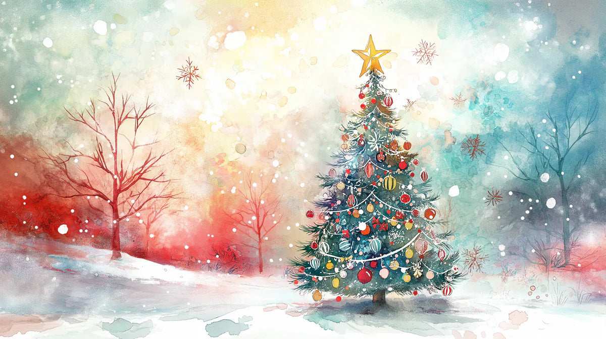 Holiday Watercolor Christmas Tree Mural Wallpaper - room preview 02