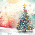 Holiday Watercolor Christmas Tree Mural Wallpaper - room preview 02