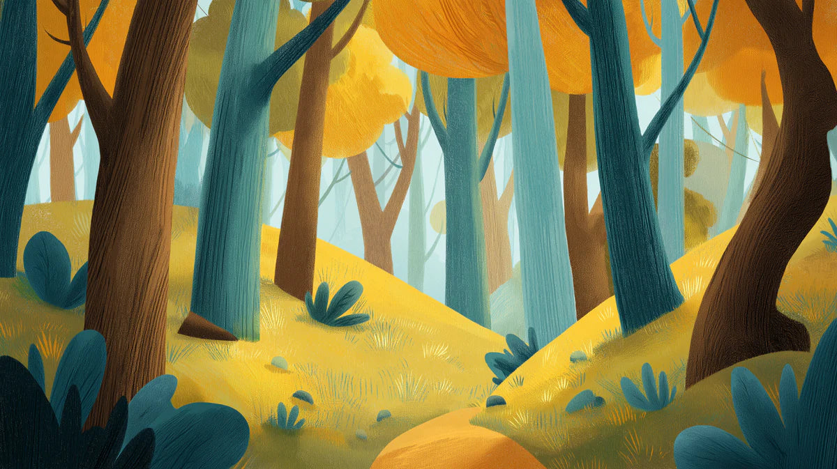 Stylized Autumn Forest Mural Wallpaper — Teal and Ochre Woods Mural Wallpaper - room preview 02
