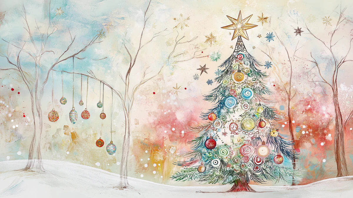 Whimsical Winter Holiday Mural Wallpaper — Festive Artistic Scene Mural Wallpaper - room preview 02