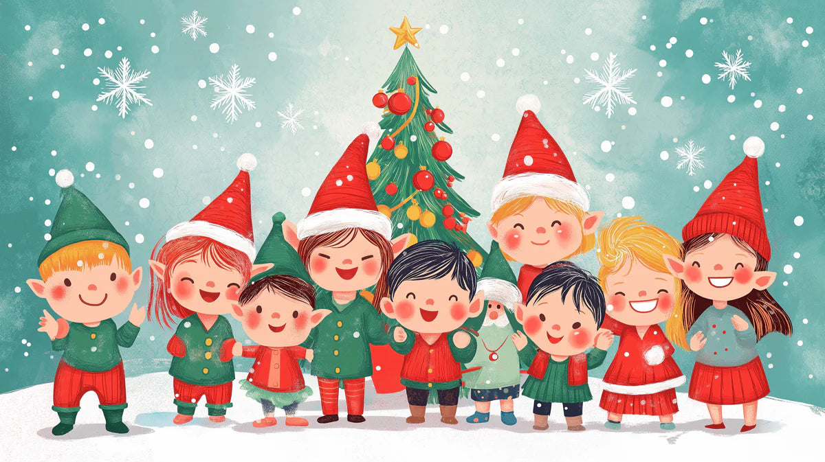 Christmas Elves Gathering Mural Wallpaper — Whimsical Holiday Scene Mural Wallpaper - room preview 02