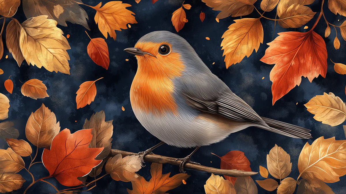 European Robin Autumn Leaf Mural Wallpaper — Moody Nature Design Mural Wallpaper - room preview 02