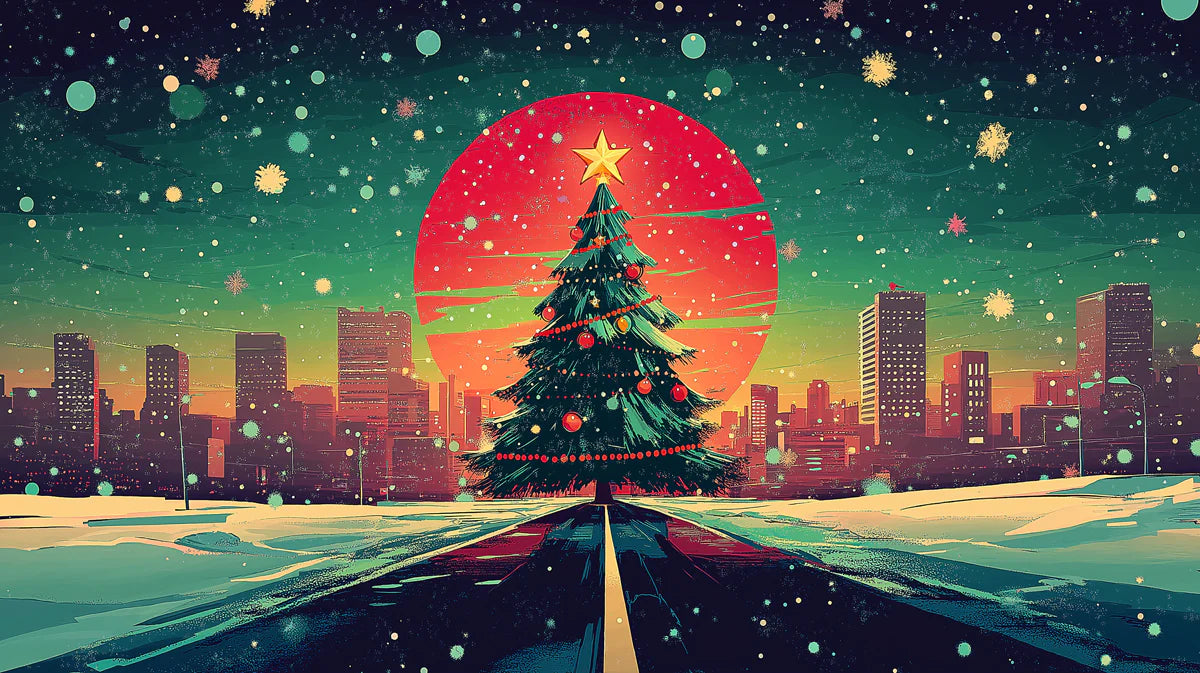 Snowy City Christmas Tree Mural Wallpaper — Festive Festive Mural Mural Wallpaper - room preview 02