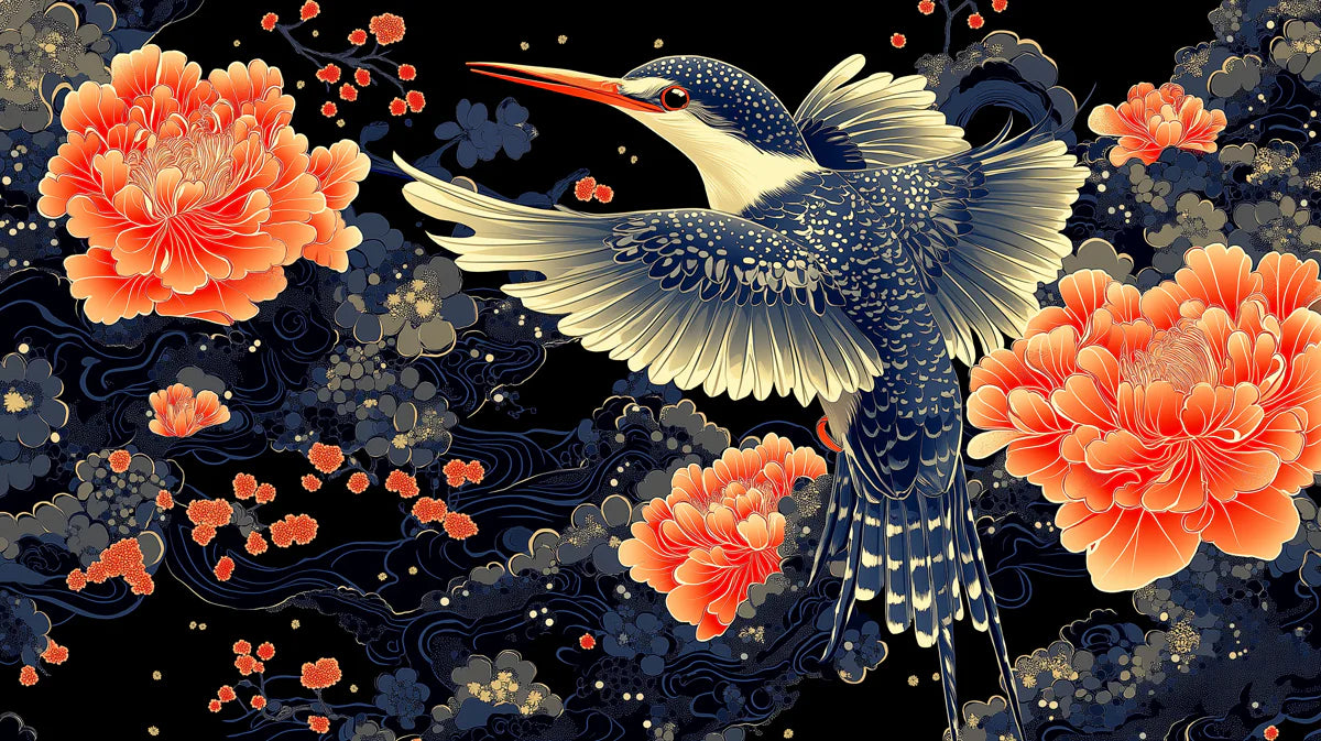 Kingfisher and Peony Floral Mural Wallpaper in Indigo and Coral Mural Wallpaper - room preview 02