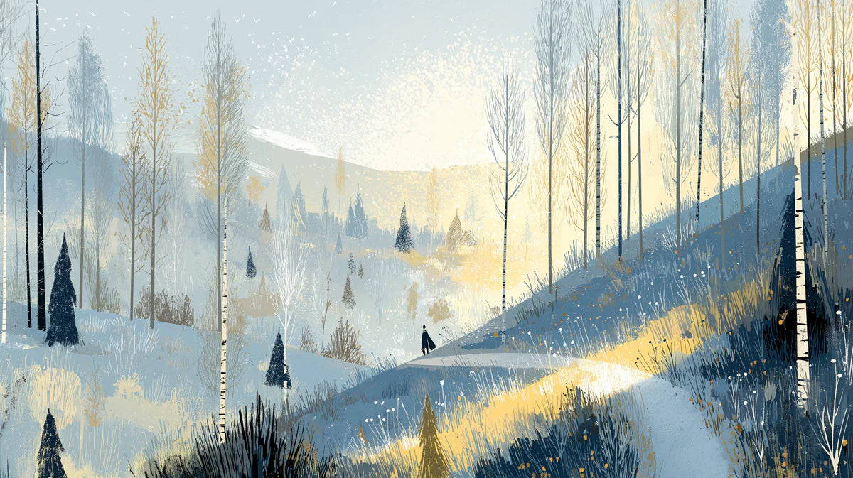 Winter Journey Mural Wallpaper — Painterly Landscape Illustration Mural Wallpaper - room preview 02