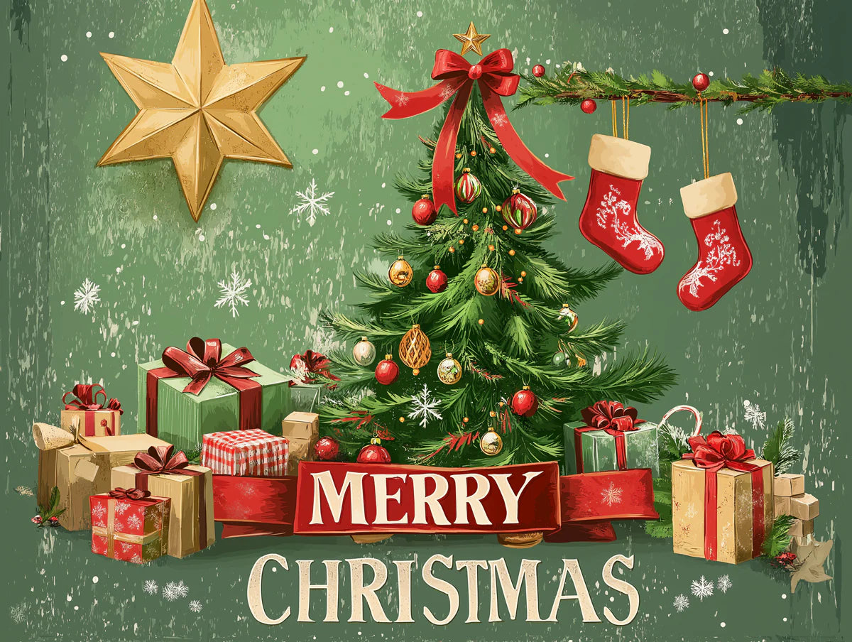 Vintage Christmas Tree Mural Wallpaper with Festive Holiday Motifs Mural Wallpaper - room preview 02