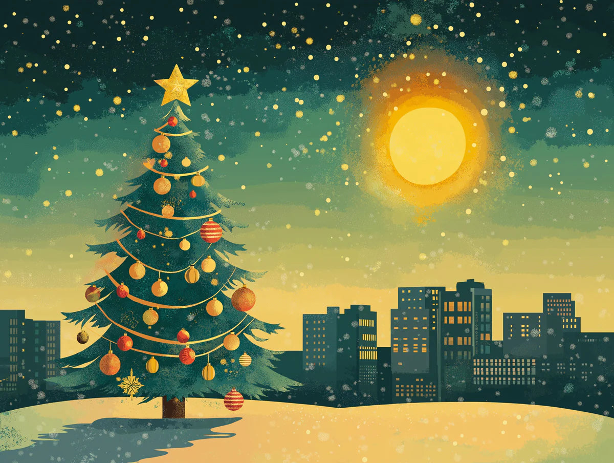 Silent Night Cityscape Mural Wallpaper — Artistic Holiday Design Mural Wallpaper - room preview 02